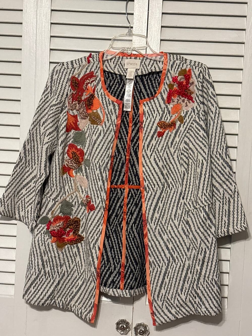 Chico’s Artisan Floral Applique Jacquard Open Front Jacket Women's Size 0